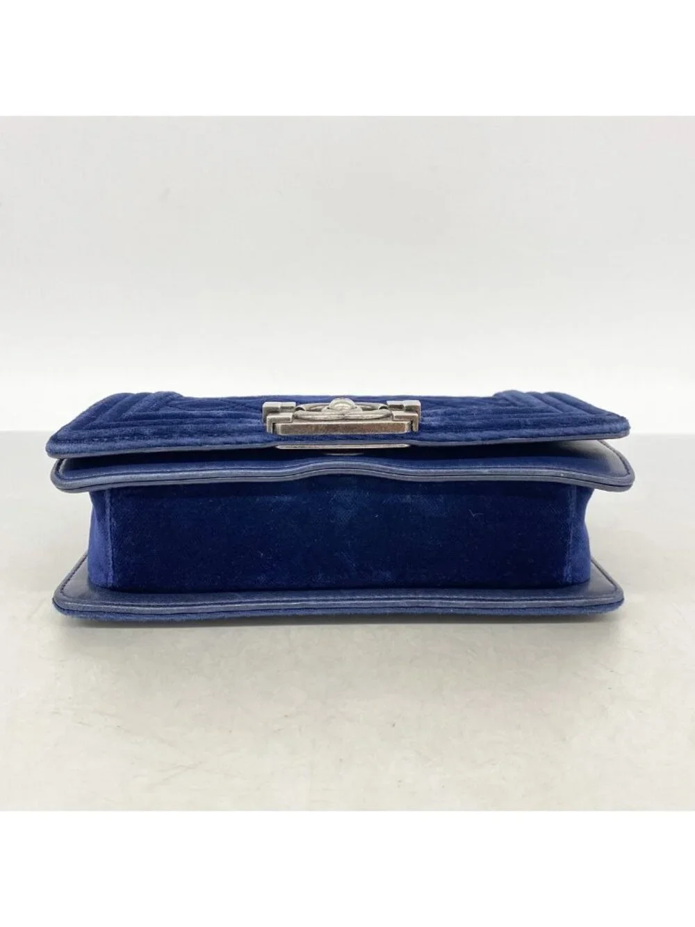 Chanel Shoulder Bag Boy Suede Navy Silver